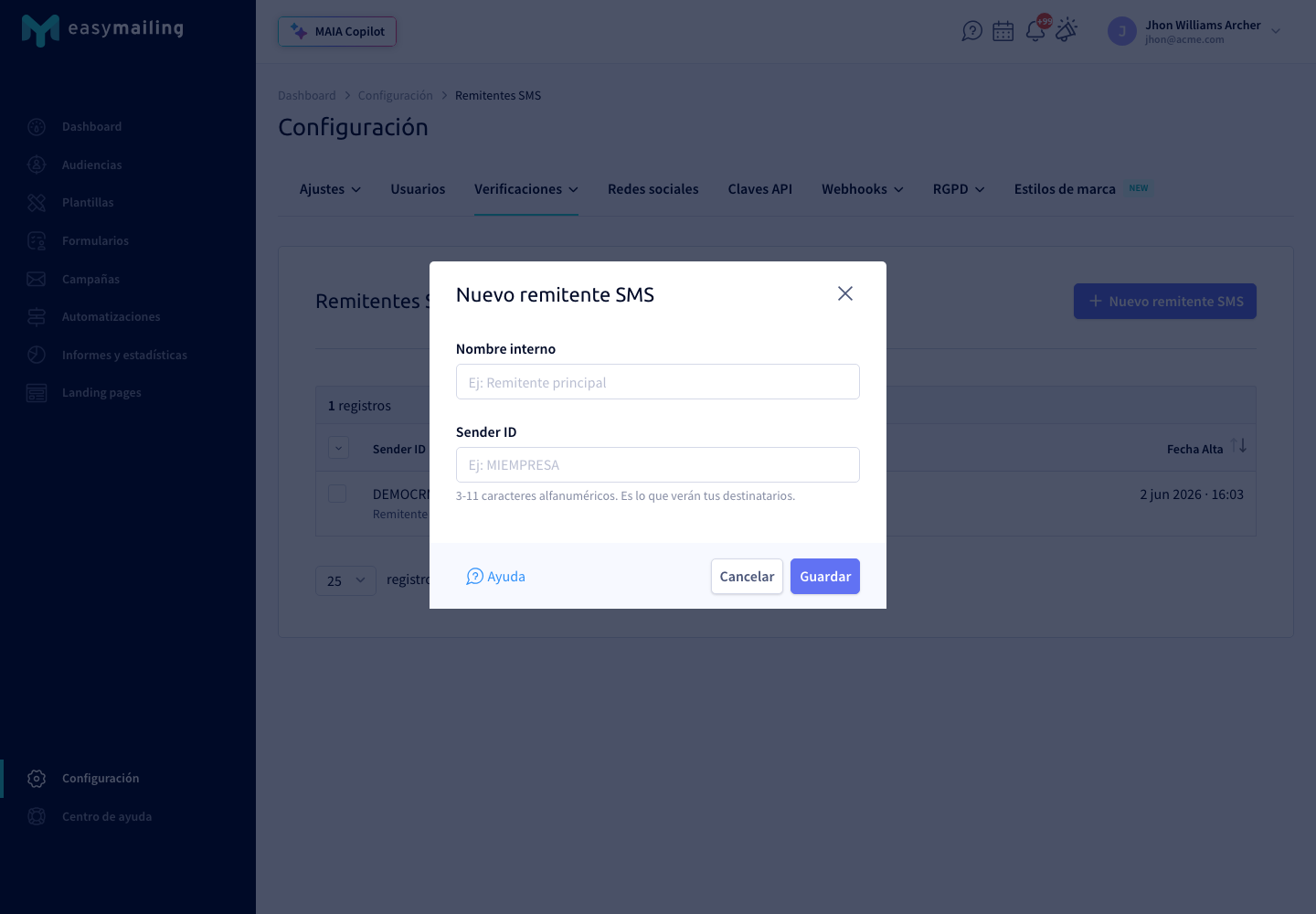 New SMS sender modal