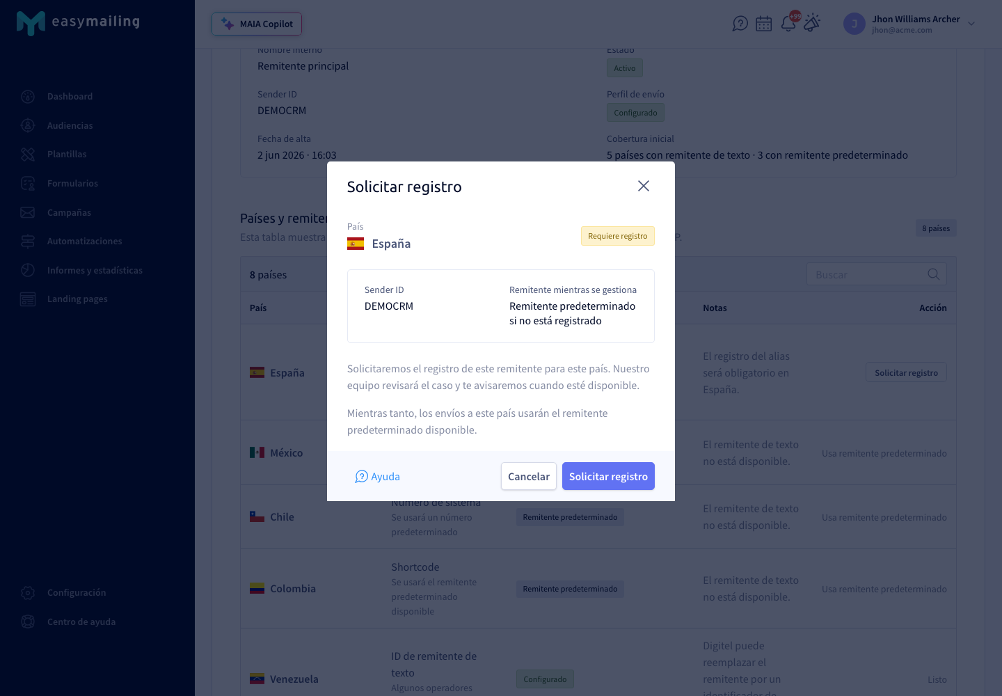 Modal Solicitar registro